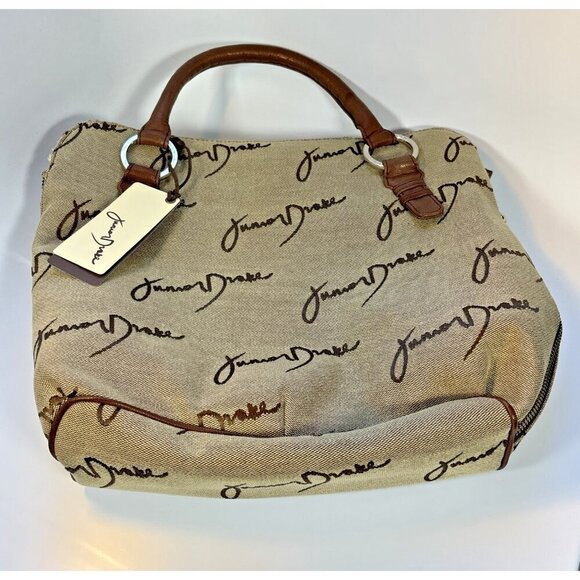 JUNIOR DRAKE Beige Signature Canvas Carry On Tote Handbag With Brown Handle NWT - Picture 12 of 13